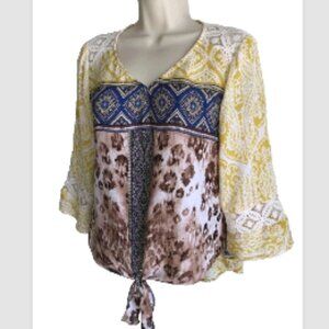 NWT Anthropologie Fig & Flower Tie Front Lace Detail 3/4 Sleeve V-neck Blouse L